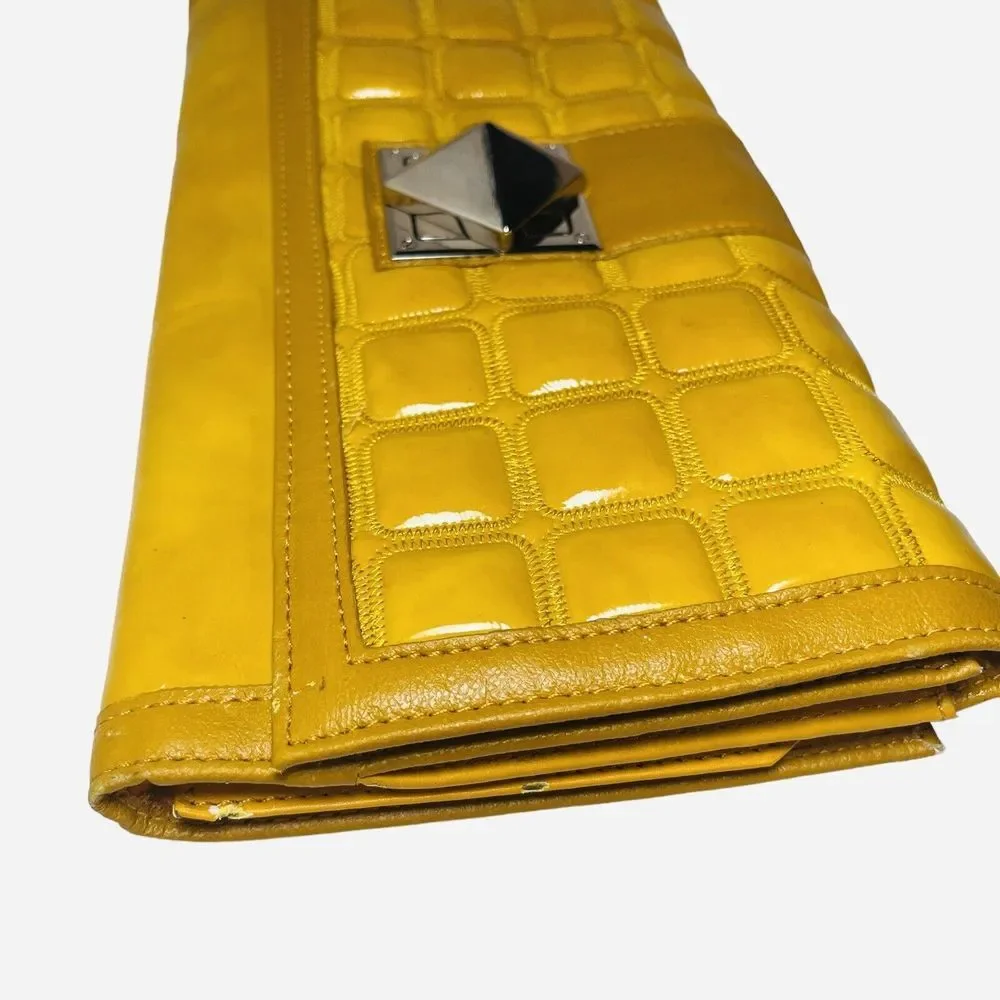 Vintage Nicole Lee Yellow Patent Faux Leather Clutch‎ Silver Turn Buckle Quilted